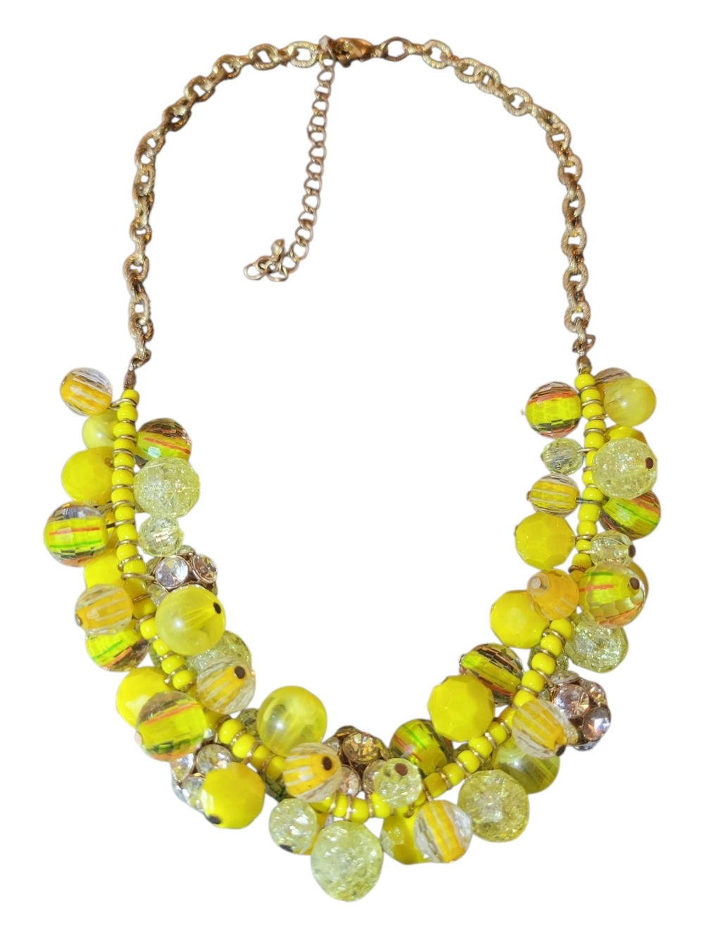 Lemon Yellow Statement Bib Necklace Chunky Glass Bead Gold Tone Summer Jewelry - Picture 4 of 7